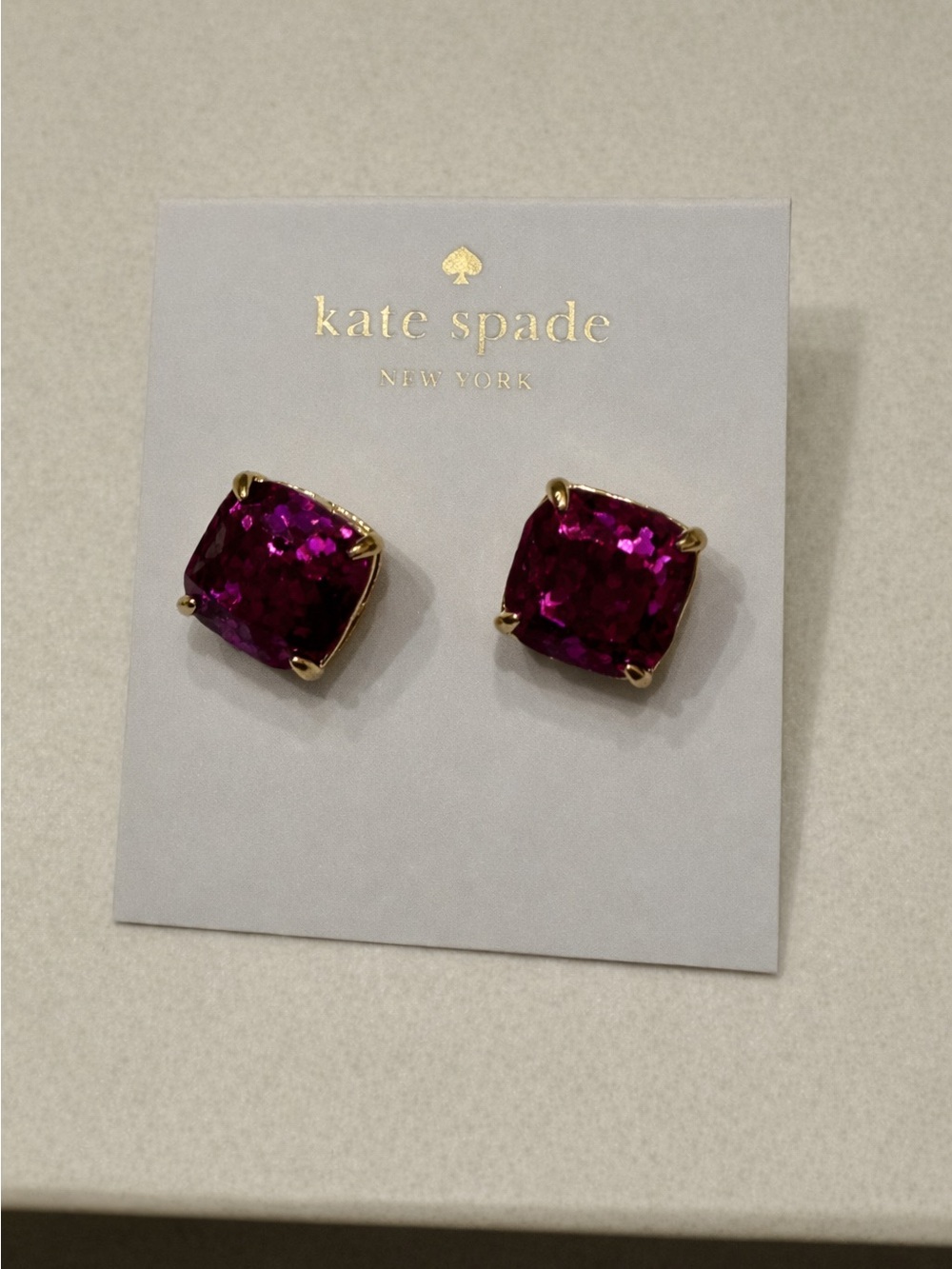 Vintage Kate Spade Oversized Gold-Tone Stud Earrings with Fuchsia Cushion Stones